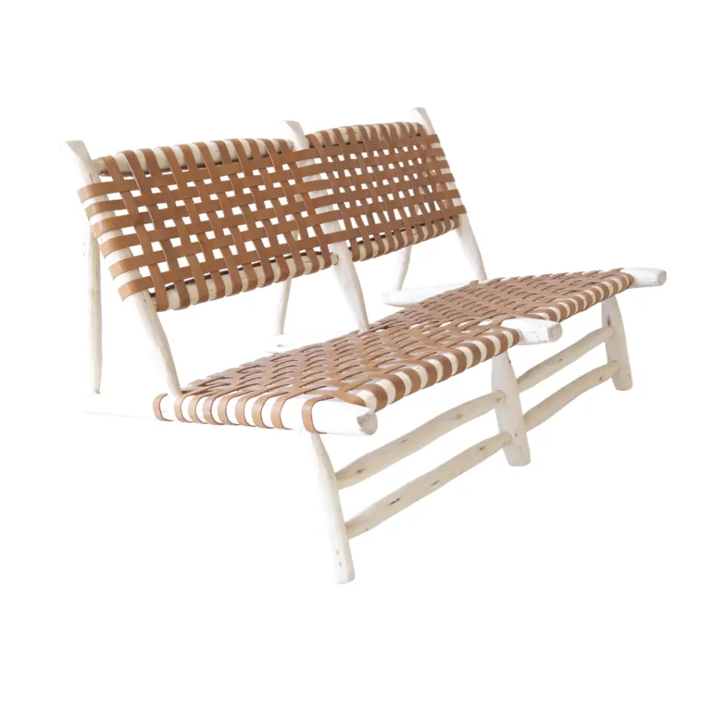Low Double Seat Chair in Genuine Leather and Walnut Wood