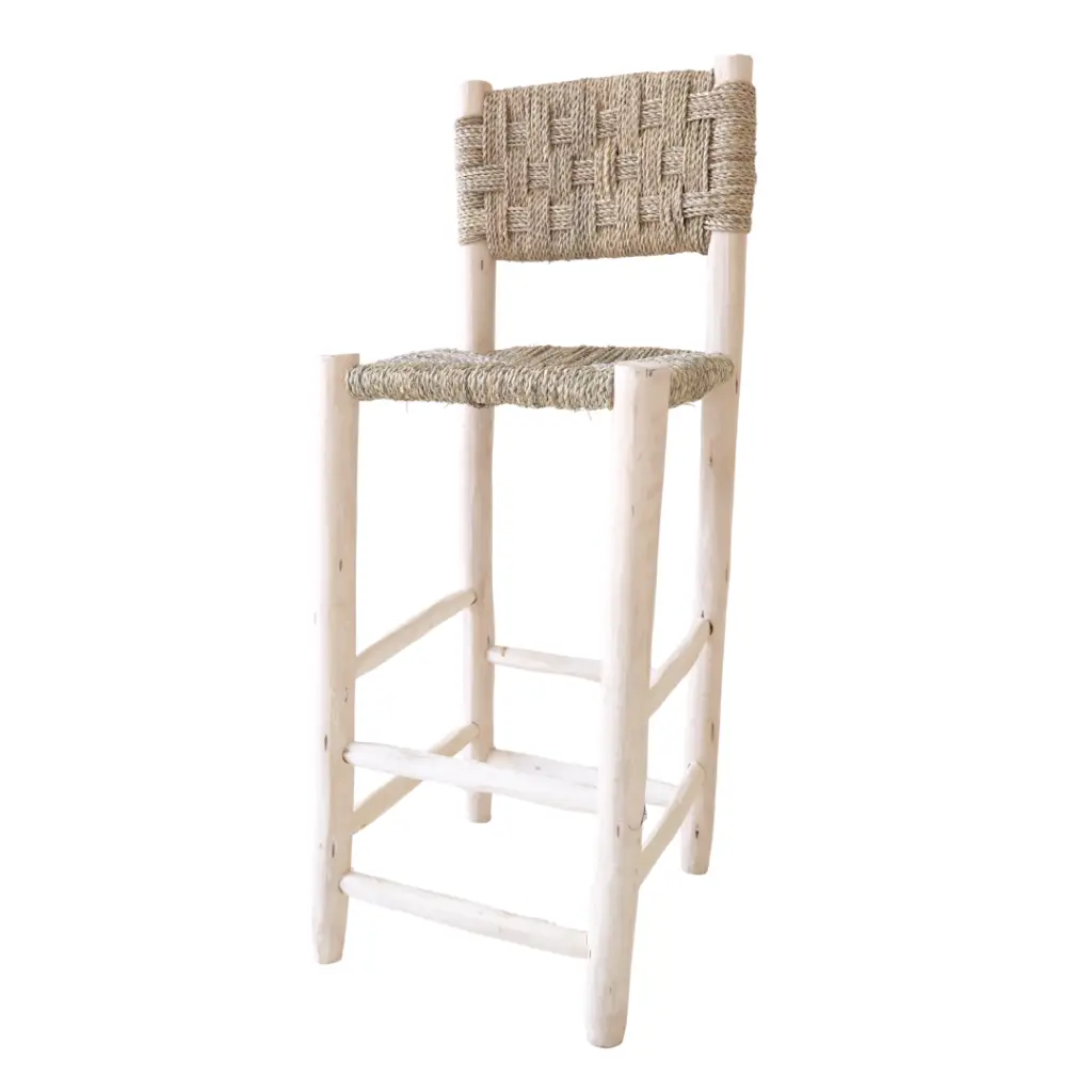 Timeless Moroccan Laurel Wood Bar Stool with Rope Weaving