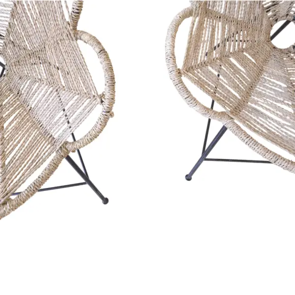 Unstained Handmade Woven Palm Leaves Chair with Wrought Black Iron Legs